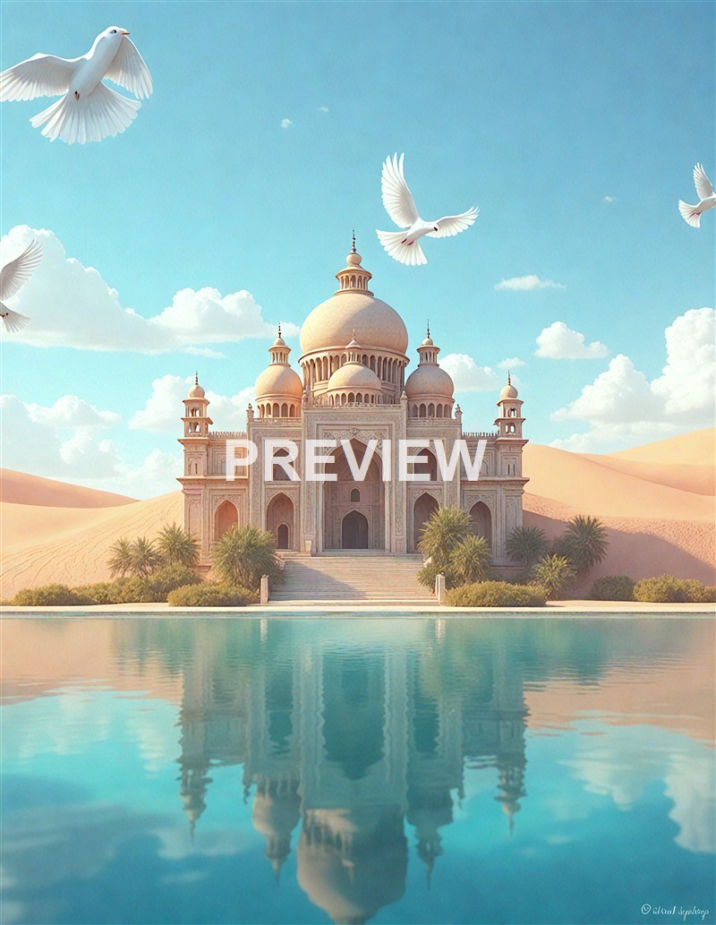 A majestic white marble palace with onion domes and intricate architectural details, situated beside a calm water body with palm trees, under a bright blue sky with fluffy clouds and several flying white doves.